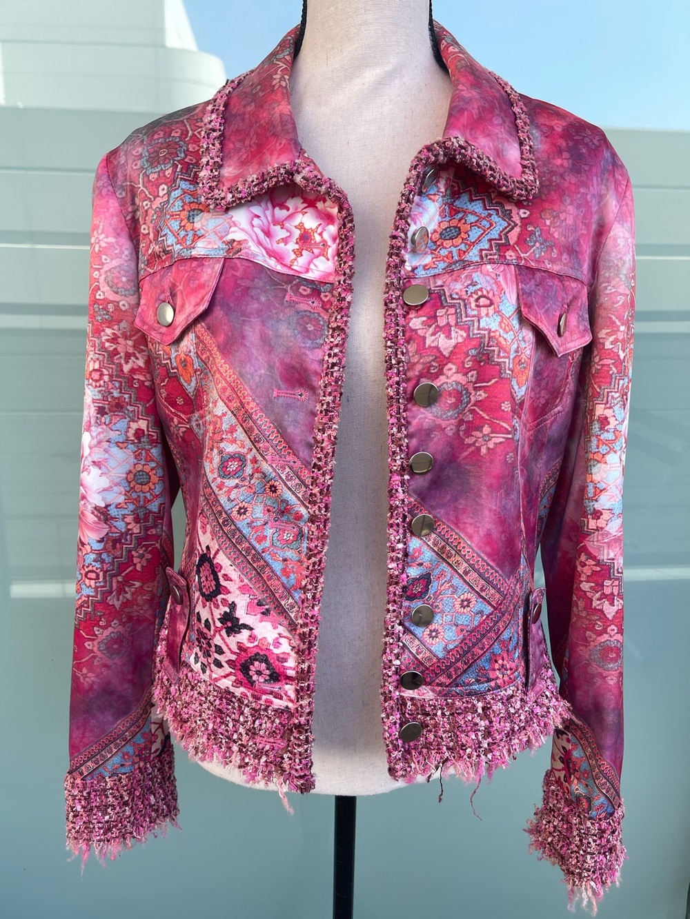 Boho Chic Pink Printed Dress Jacket Tweed Accents 4 Small